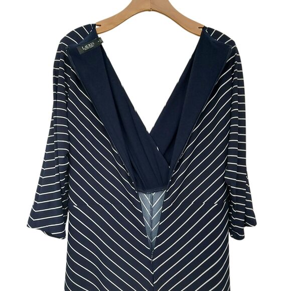 Lauren Ralph Lauren Midi Dress Womens 12 Black Chevron Stripes V-Neck Back Zip - Picture 3 of 12